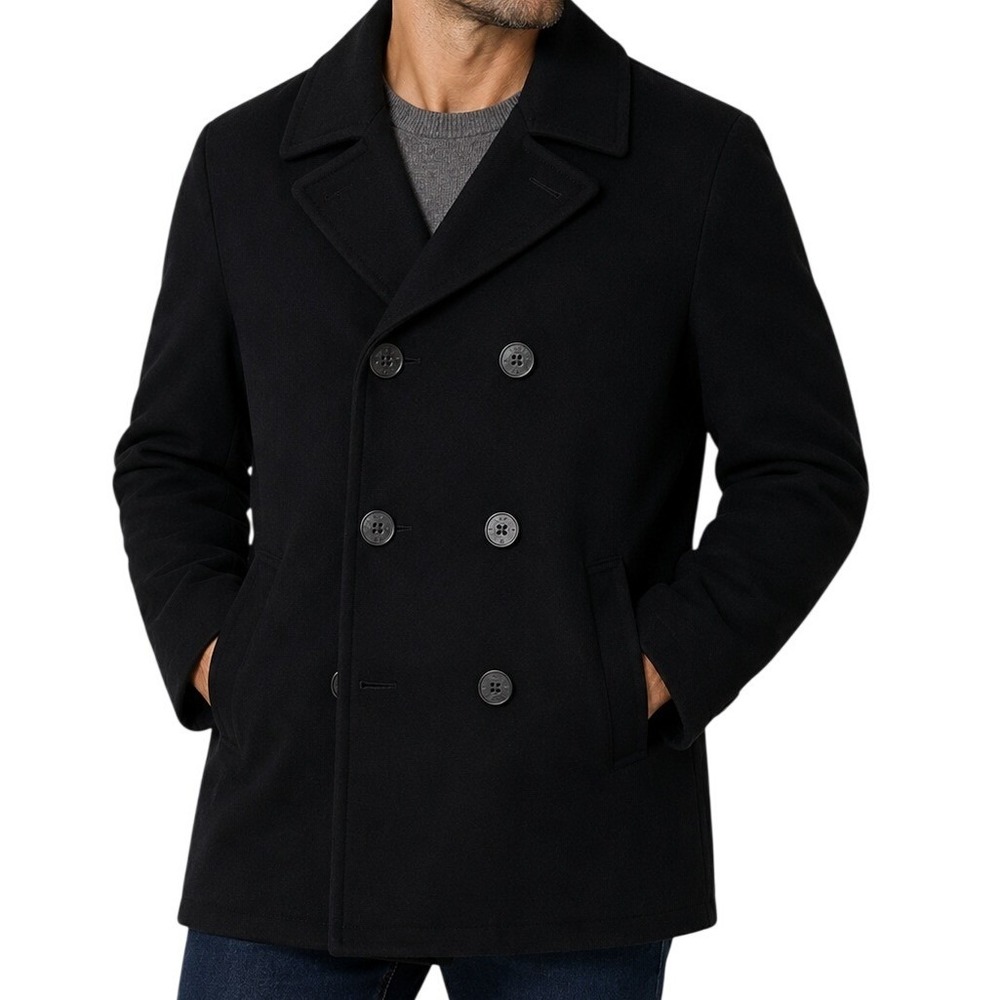 Tommy Hilfiger Black Wool Blend Double Breasted Pea Coat Men's XL